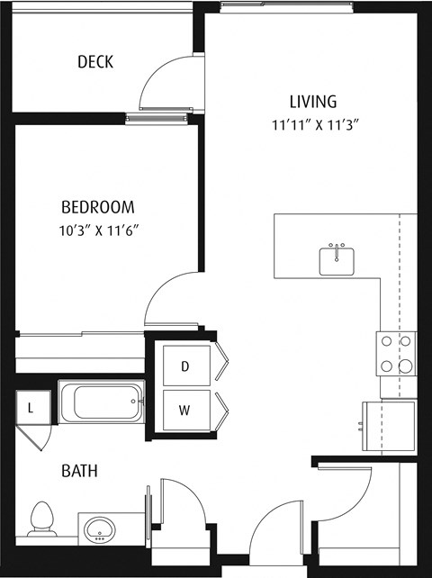 Floor plan for 1 bed, 1 bath, 697 sqft